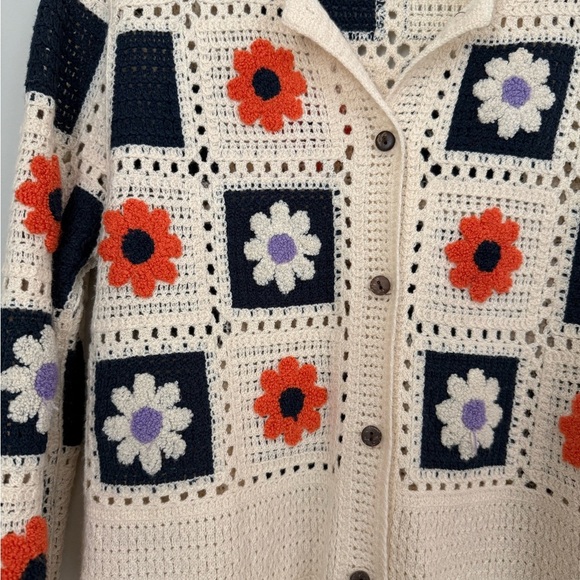 Women's Patchwork Crochet Sweater Cardigan Cottagecore Boho Size Large S/M - Picture 2 of 12